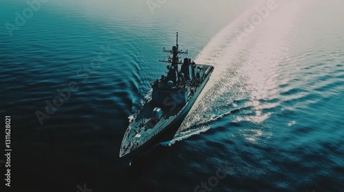 Naval ship cruising throughserene blue ocean underclear sky, showcasingmariti...
