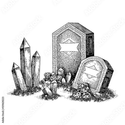 Crystal Gravestones with Rocks and Grass Detailed Black and White Outline Line Art Drawing Isolated
