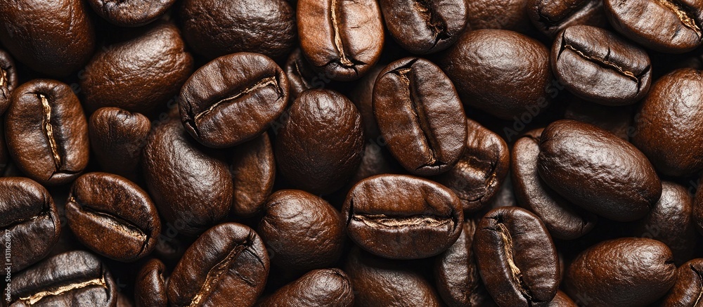 Fototapeta premium Dark brown coffee beans arranged closely, showcasing rich textures against a warm backdrop, highlighting their glossy surfaces and natural sheen.