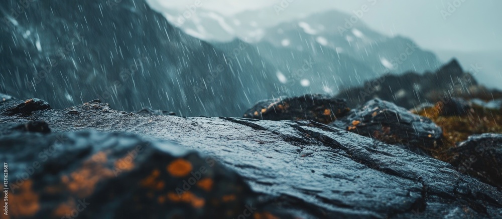 Moody wet mountainside with dark rocky foreground and blurred distant peaks under gray sky capturing rain droplets and vibrant rock textures.
