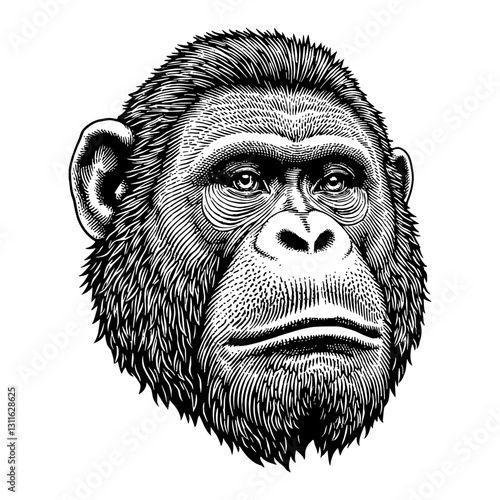 Orang Utan Head Portrait Front View Detailed Line Art Drawing Black and White Outline Line Art Drawing