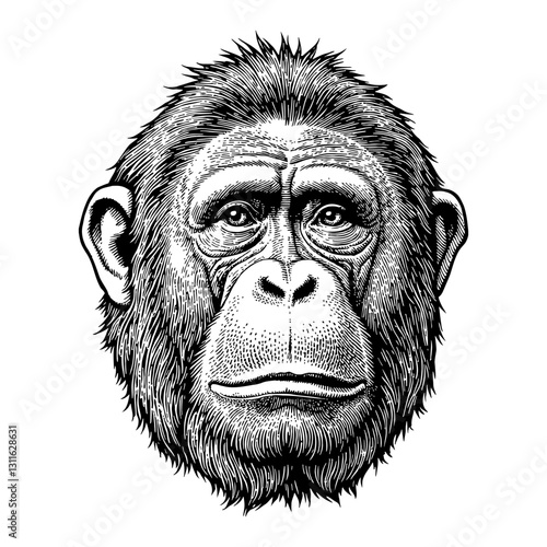 Detailed Orang Utan Head Portrait Front View Engraving Style Black and White Outline Line Art Drawing