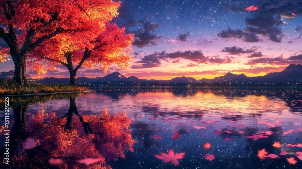 Obraz premium Under a starry night sky, a lively neon forest stands with trees in brilliant hues and dark mountain silhouettes