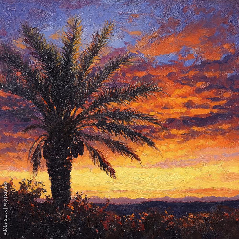 Obraz premium Majestic palm tree silhouetted against a vibrant sunset sky with colorful clouds and distant mountains
