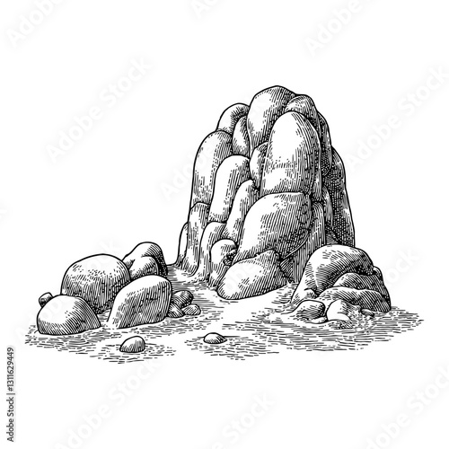 Oriental Style Rock Formation Detailed Engraving with Black and White Outline Line Art Drawing