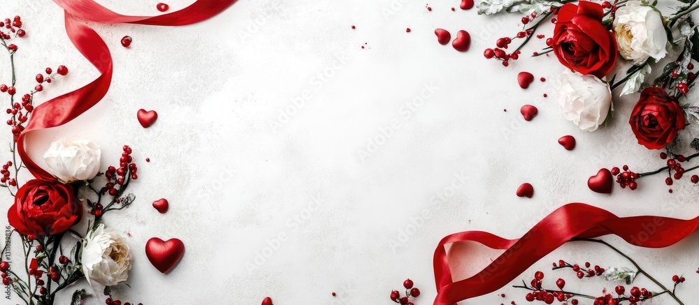 Elegant frame featuring vibrant red roses and white flowers along a soft white background, accented with flowing red ribbons and heart motifs. Elegant frame featuring vibrant red roses and white flowers along a soft white background, accented with flowing red ribbons and heart motifs.