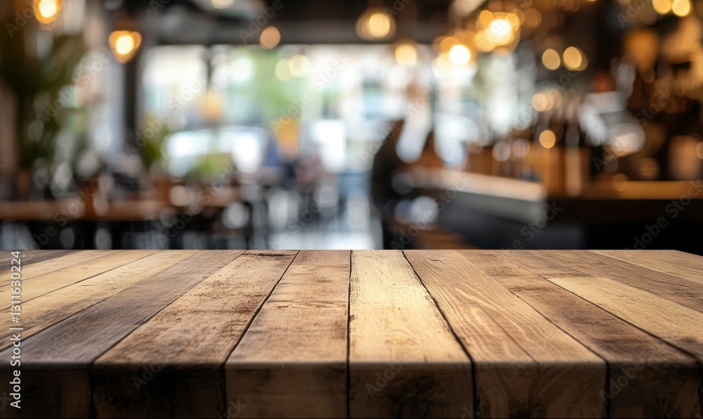 Wooden Tabletop in Restaurant with Blurred Background for Product Display Wooden Tabletop in Restaurant with Blurred Background for Product Display