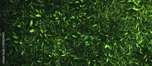 Lush green grass texture with scattered small leaves creating a vibrant natural backdrop ideal for outdoor themes and environmental concepts