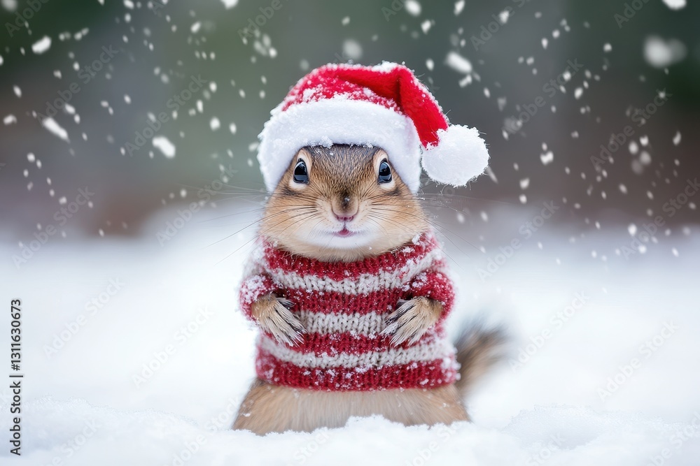 Funny chipmunk dressed in winter clothes, complete with a Christmas hat and sweater, enjoying the snow Funny chipmunk dressed in winter clothes, complete with a Christmas hat and sweater, enjoying the snow