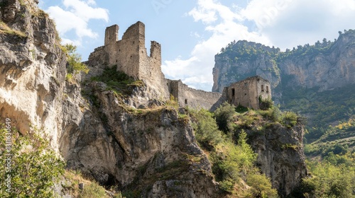 Majestic Mountain Fortress Surrounded by Lush Greenery and Sky