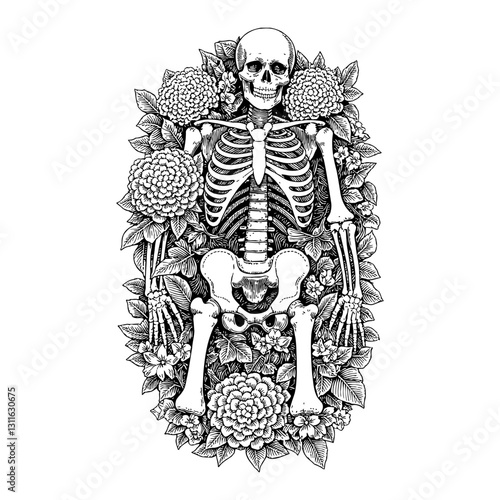 Full Body Top View Skeleton with Overgrowth Hydrangeas Flowers Detailed Black and White Outline Line Art Drawing