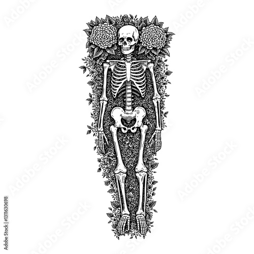 Full Body Skeleton with Overgrowth Hydrangeas Flowers Detailed Top View Black and White Outline Line Art Drawing