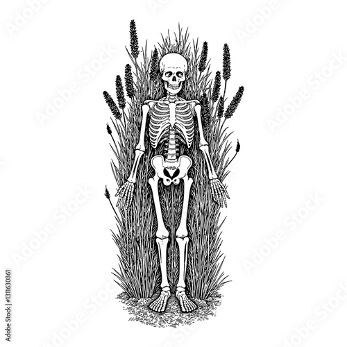 Skeleton Full Body Top View with Overgrowth Lavenders in Black and White Outline Line Art Drawing