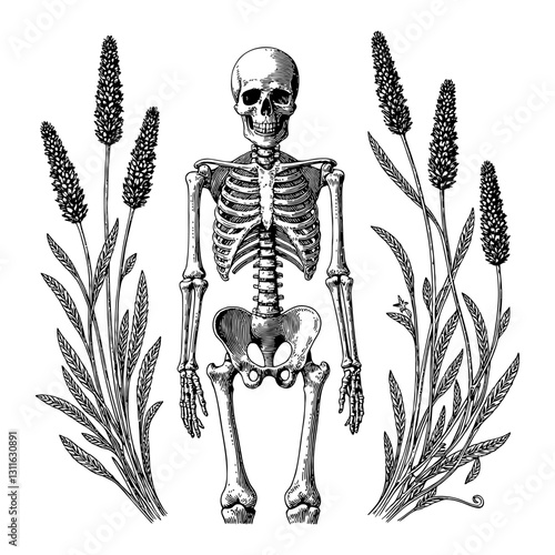 Full Body Top View Skeleton with Overgrowth Lavenders Detailed Black and White Outline Line Art Drawing