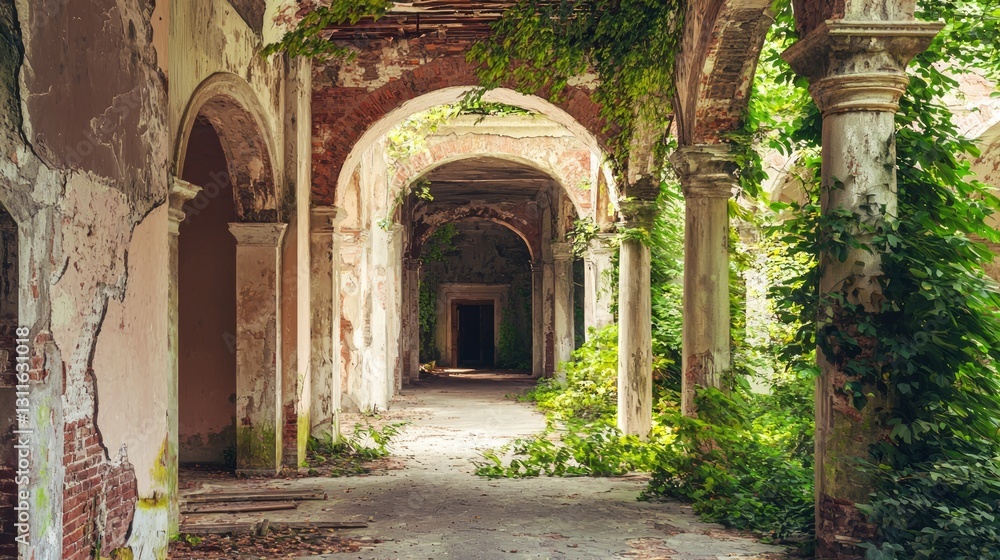Fototapeta premium Abandoned Courtyard with Lush Greenery and Rustic Architecture