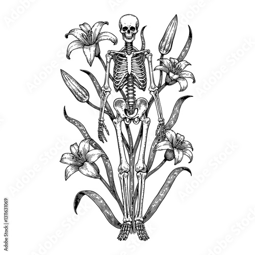 Full Body Skeleton with Overgrowth Lily Flowers Front View Black and White Outline Line Art Drawing