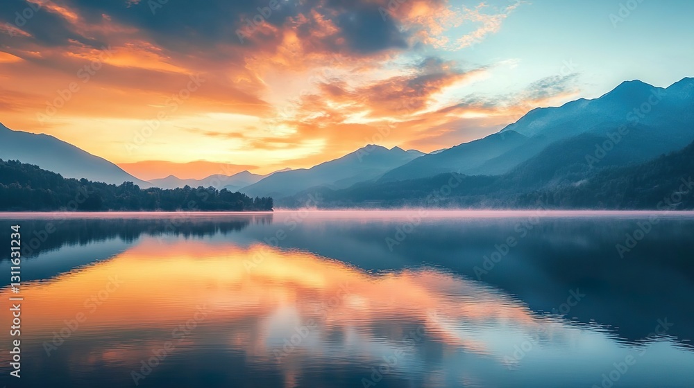 Scenic sunrise over mountain lake with vibrant sky reflection Scenic sunrise over mountain lake with vibrant sky reflection