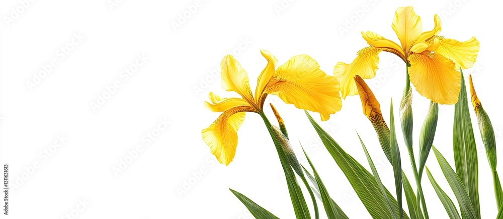 Fototapeta premium Yellow iris flowers with delicate petals positioned on the right, surrounded by green leaves against a clean white background.