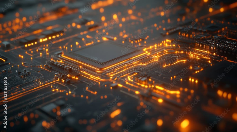 A high-tech close-up of a microchip surrounded by glowing orange circuits, showcasing modern technology and innovation. Ideal for concepts like computing, data, and digital infrastructure.. AI A high-tech close-up of a microchip surrounded by glowing orange circuits, showcasing modern technology and innovation. Ideal for concepts like computing, data, and digital infrastructure.. AI