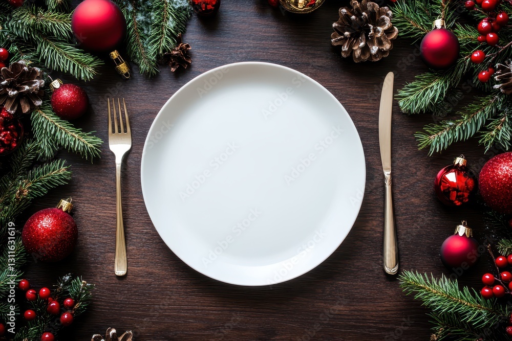 Festive Christmas banner showcasing a dinner table setting with an empty plate, cutlery, and decorative Christmas toys Festive Christmas banner showcasing a dinner table setting with an empty plate, cutlery, and decorative Christmas toys