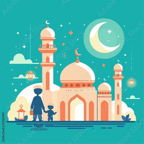 vector illustration of child and father mosque background