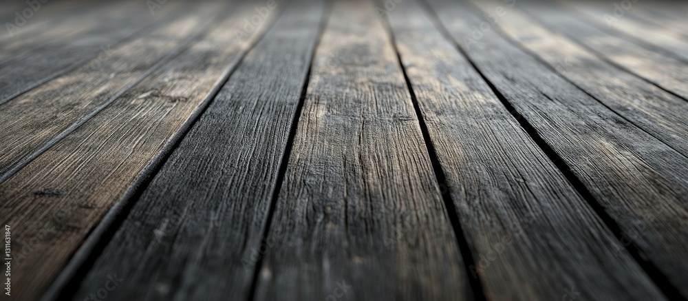 Obraz premium Weathered wooden floor texture in a dimly lit setting with dark tones and a blurred background, providing ample black and white copy space.