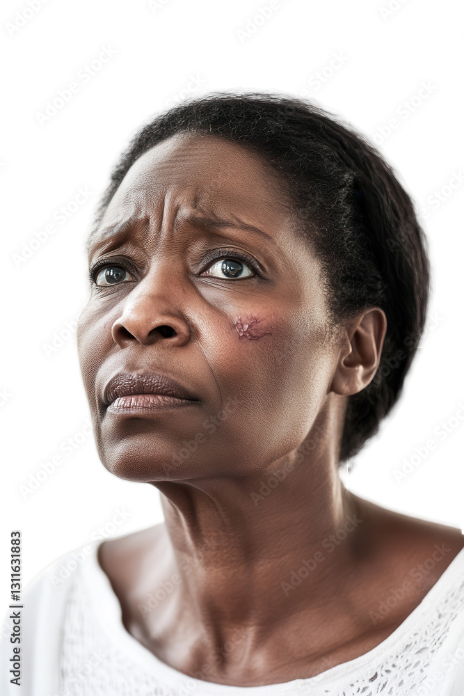 Fototapeta premium Woman looking concerned with facial injury on isolated white background expressing emotions vulnerability and resilience in personal health story.