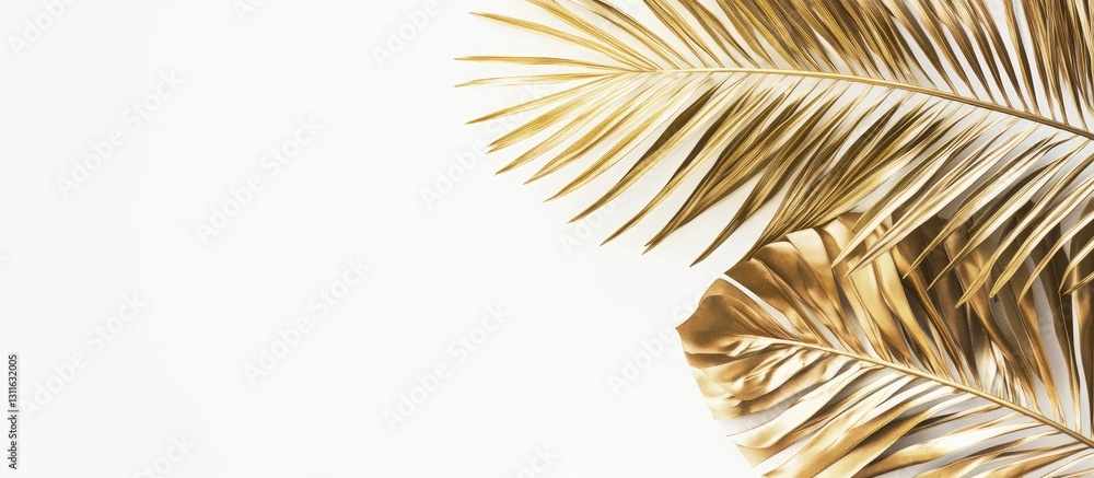 Fototapeta premium Elegant golden palm leaves arranged in a top view on a clean white background, creating ample space for text and design elements.