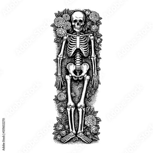 Skeleton Full Body Top View with Overgrowth Roses in Detailed Black and White Outline Line Art Drawing