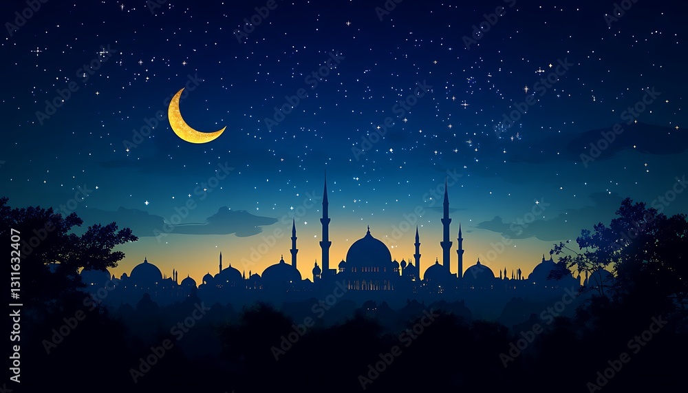 Naklejka premium Night cityscape with crescent moon and mosque silhouettes.