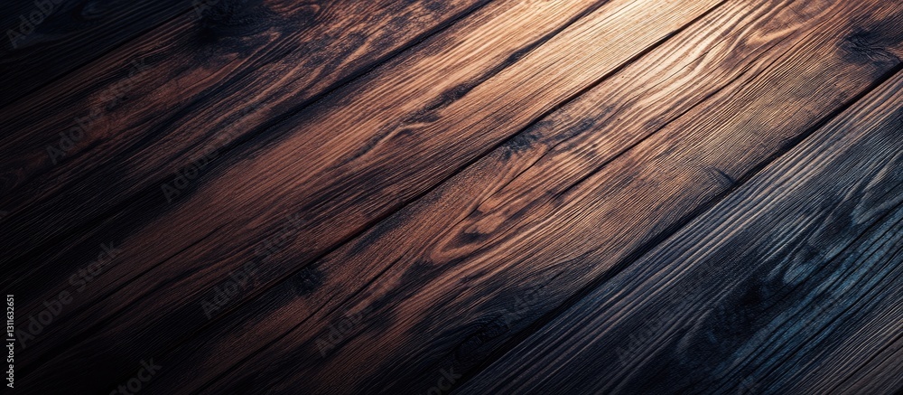 Dark rustic wooden surface with rich textures and natural wood grain patterns illuminated by soft light, angled for depth and warmth.