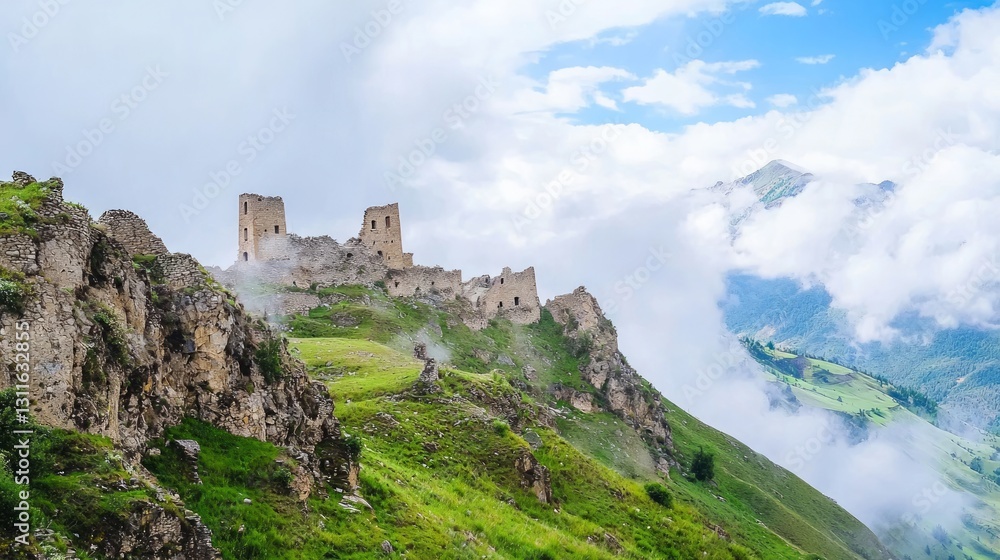 Scenic High Mountain Pass with Ruins Amidst Dramatic Clouds Scenic High Mountain Pass with Ruins Amidst Dramatic Clouds