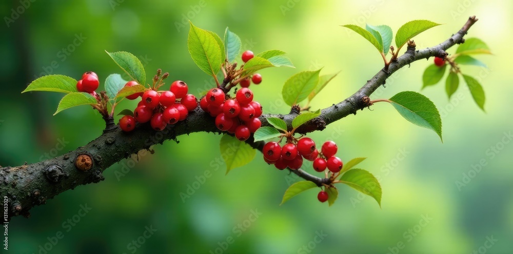 Twisted tree branch laden with juicy red berries, botanical, greenery, nature Twisted tree branch laden with juicy red berries, botanical, greenery, nature