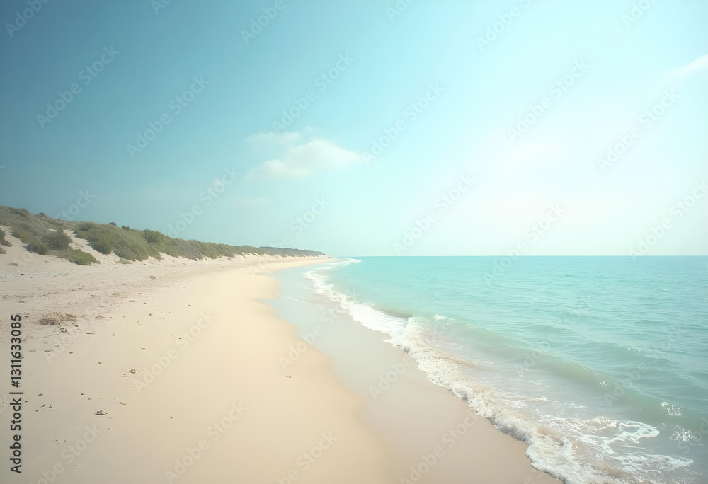 Idyllic Sandy Beach with Gentle Ocean Waves and Clear Blue Sky Idyllic Sandy Beach with Gentle Ocean Waves and Clear Blue Sky