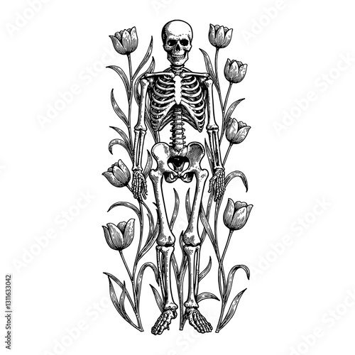Skeleton Full Body Top View with Overgrowth Tulip Flowers in Black and White Outline Line Art Drawing