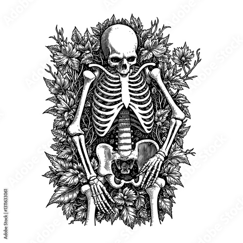 Skeleton Full Body with Overgrowth Thorny Vines Detailed Anatomy in Black and White Outline Line Art Drawing