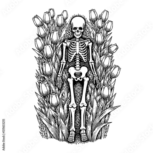 Skeleton Full Body Top View with Overgrowth Tulip Flowers in Black and White Outline Line Art Drawing photo