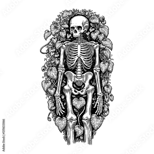 Full Body Skeleton Top View with Overgrowth Vines Black and White Detailed Outline Line Art Drawing