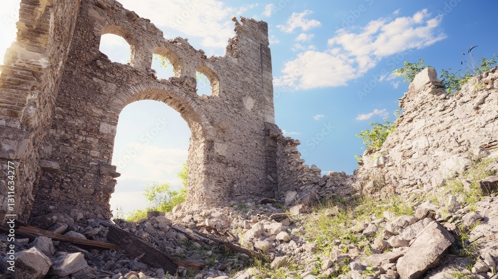 Ruins of a Collapsed Tower Resting Against a Scenic Sky Ruins of a Collapsed Tower Resting Against a Scenic Sky