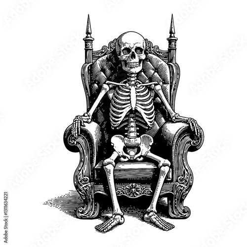 Skeleton Sitting on Executive Chair Like Throne Detailed Antique Black and White Outline Line Art Drawing