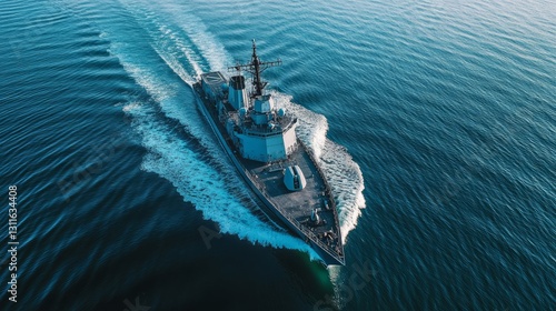 Naval ship cruising throughserene blue ocean underclear sky, showcasingmariti...