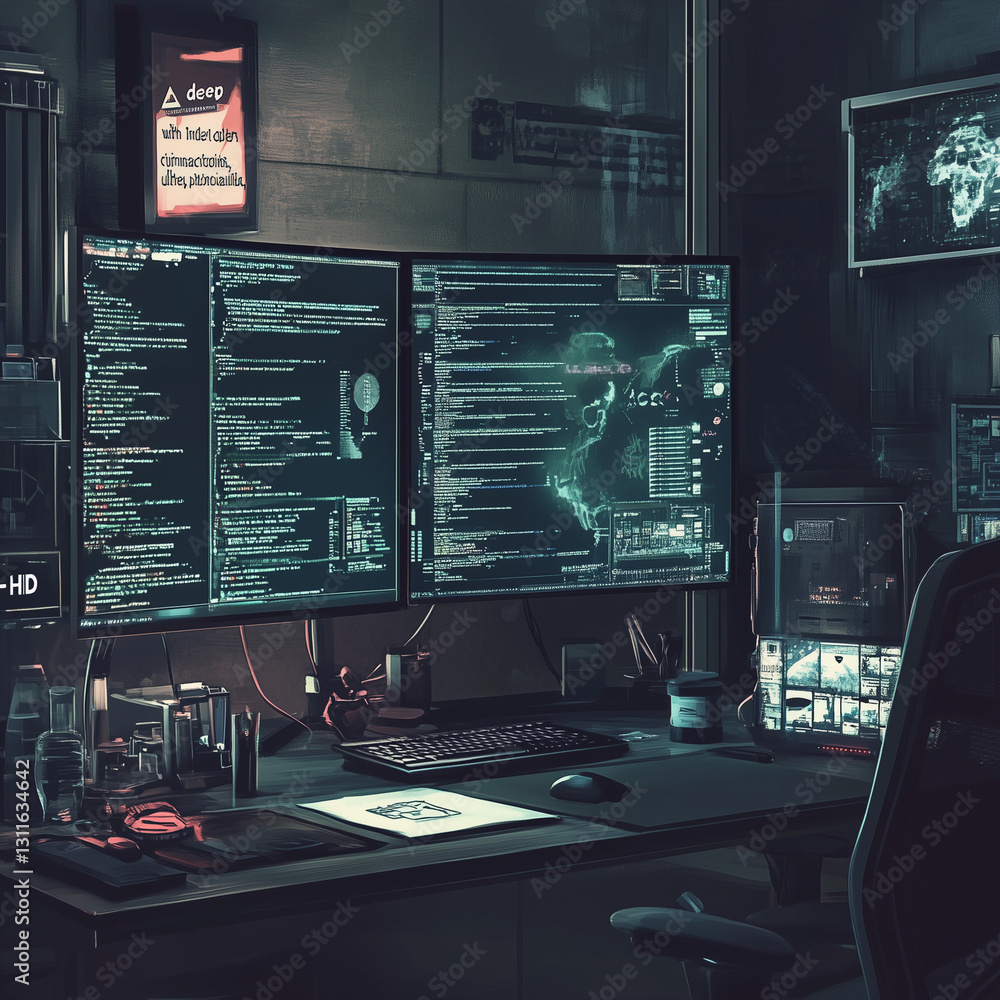 A high-tech visualization of hacking and cybersecurity threats, depicting digital crime, data breaches, and cyber warfare. Perfect for illustrating cybercrime investigations, ethical hacking. A high-tech visualization of hacking and cybersecurity threats, depicting digital crime, data breaches, and cyber warfare. Perfect for illustrating cybercrime investigations, ethical hacking.