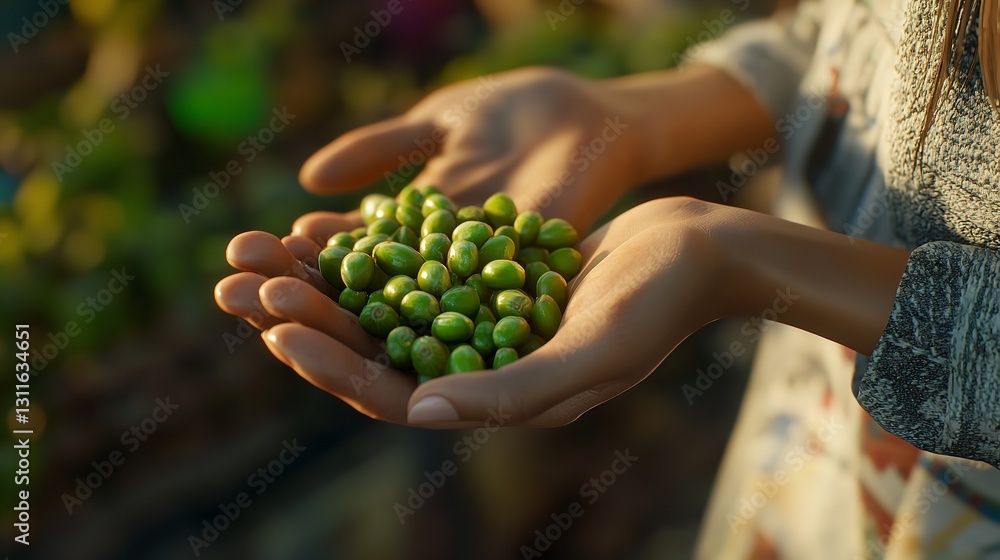 A woman holds a cluster of green coffee beans A woman holds a cluster of green coffee beans