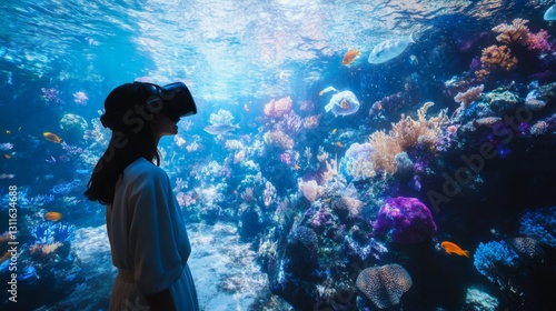 A person navigating a virtual underwater world, interacting with digital sea creatures and coral reefs