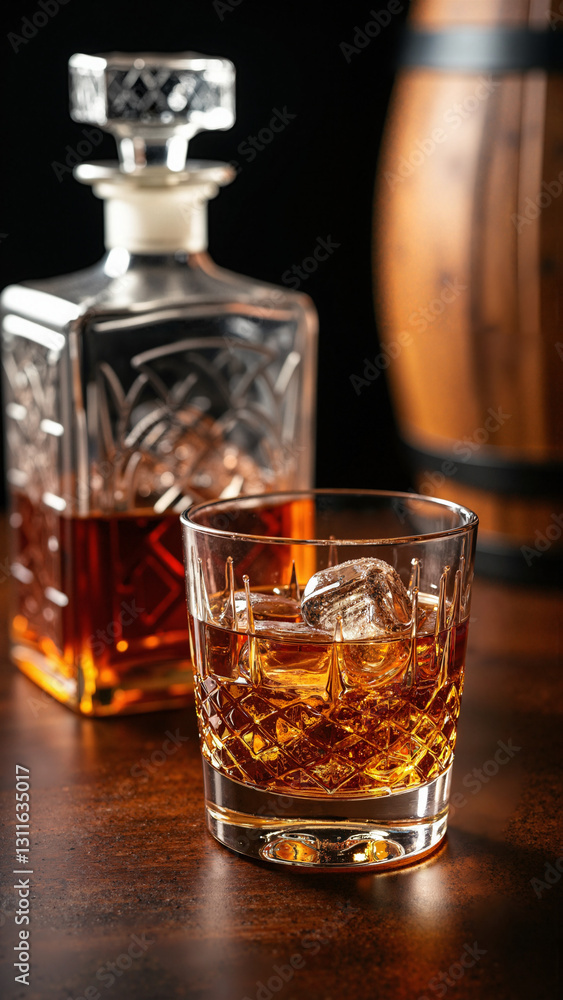 Sophisticated Glass of Whiskey with Ice on Polished Wood, Perfect for Upscale Bars and Distilleries Marketing Sophisticated Glass of Whiskey with Ice on Polished Wood, Perfect for Upscale Bars and Distilleries Marketing