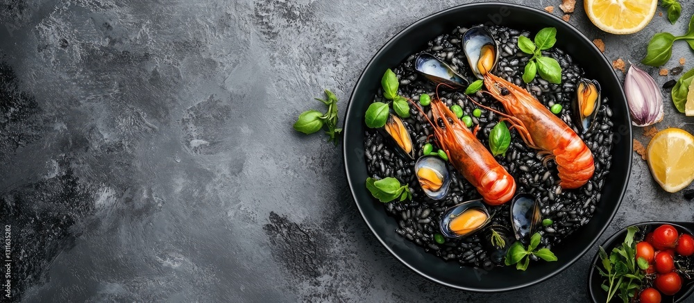Black seafood risotto in black bowl on gray textured surface garnished with basil, lemon wedges, and cherry tomatoes with shrimp and mussels.