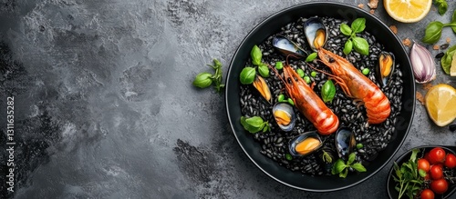 Black seafood risotto in black bowl on gray textured surface garnished with basil, lemon wedges, and cherry tomatoes with shrimp and mussels.