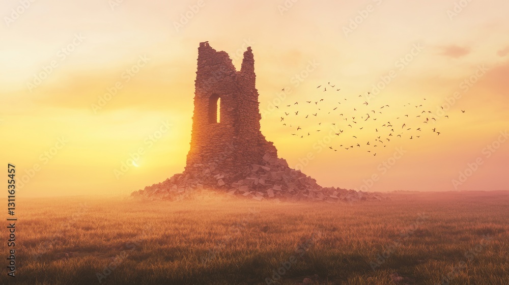 Obraz premium Lonely Spire Surrounded by Rubble in a Misty Sunrise Landscape