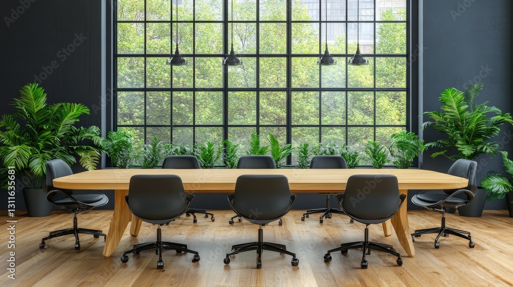 Fototapeta premium A bright, modern dining room with a wooden table and a green plant highlighted by a dome light