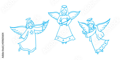 Angels hand drawn blue linear illustration on isolated white color background in vector format